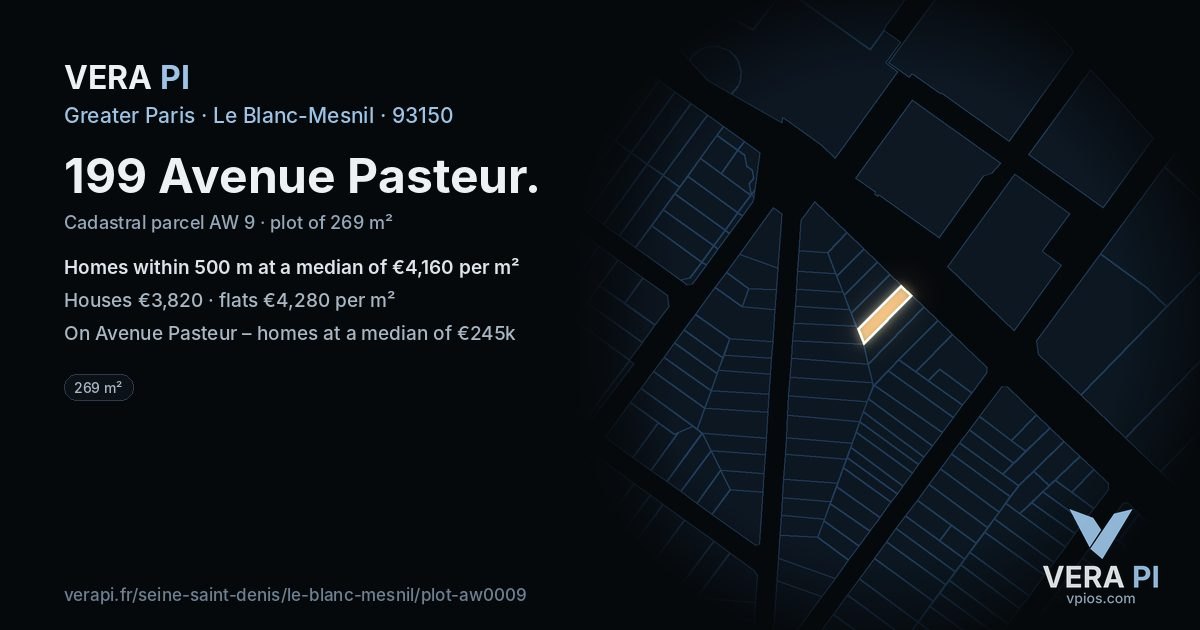 199 Avenue Pasteur, Le Blanc-Mesnil at night – the plot lit, the parcels around coloured by the prices near them