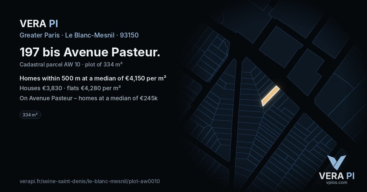197 bis Avenue Pasteur, Le Blanc-Mesnil at night – the plot lit, the parcels around coloured by the prices near them