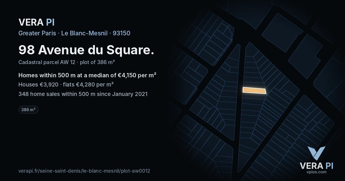 98 Avenue du Square, Le Blanc-Mesnil at night – the plot lit, the parcels around coloured by the prices near them