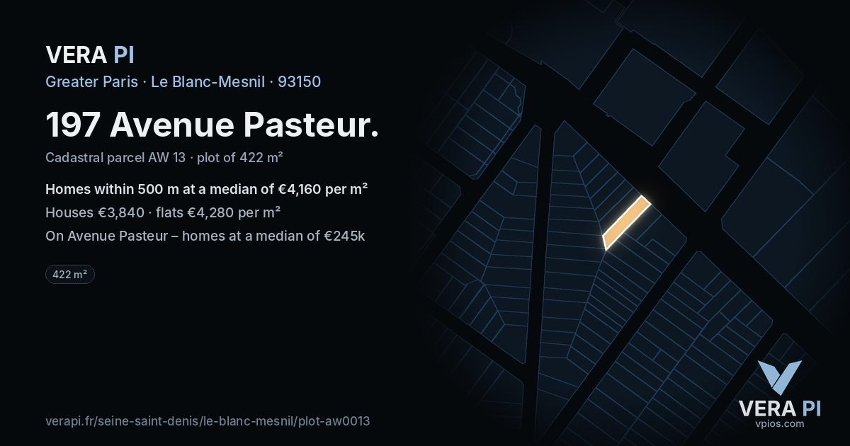 197 Avenue Pasteur, Le Blanc-Mesnil at night – the plot lit, the parcels around coloured by the prices near them