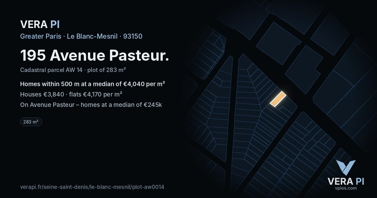 195 Avenue Pasteur, Le Blanc-Mesnil at night – the plot lit, the parcels around coloured by the prices near them