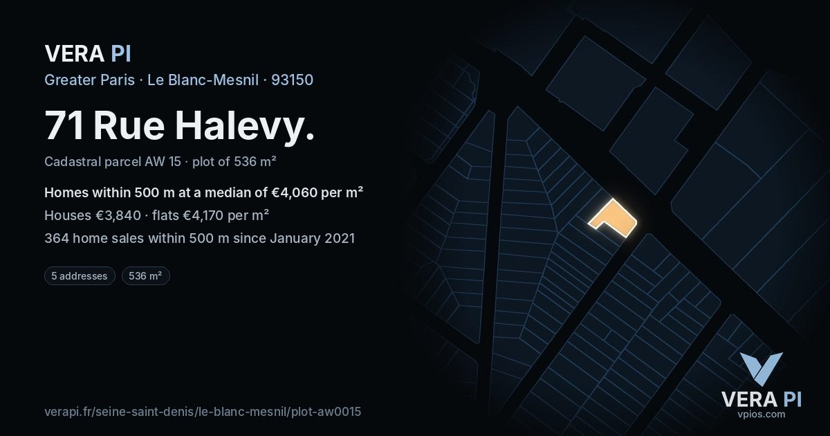 71 Rue Halevy, Le Blanc-Mesnil at night – the plot lit, the parcels around coloured by the prices near them