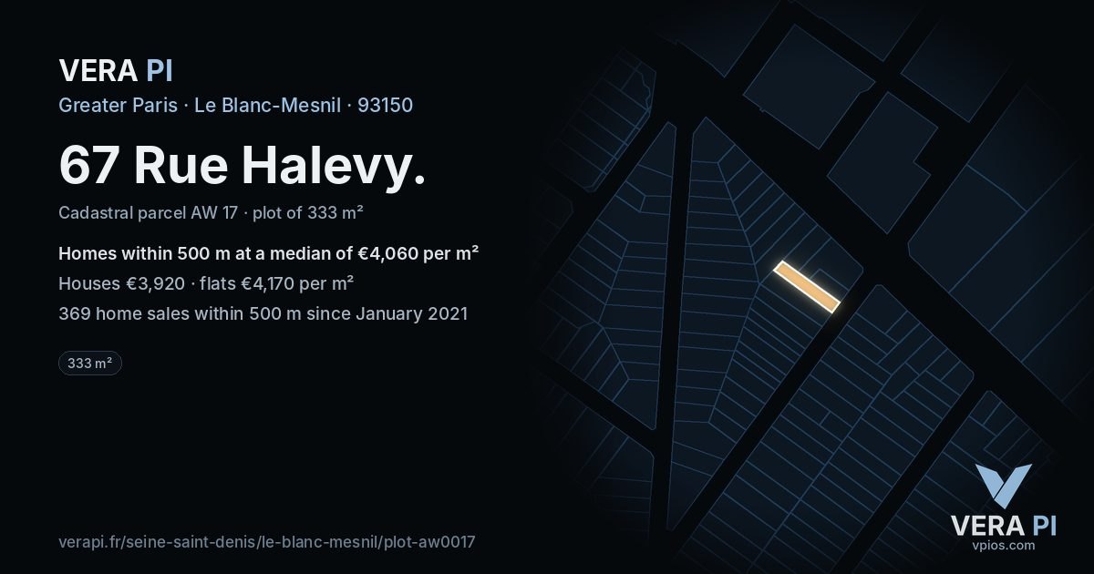 67 Rue Halevy, Le Blanc-Mesnil at night – the plot lit, the parcels around coloured by the prices near them