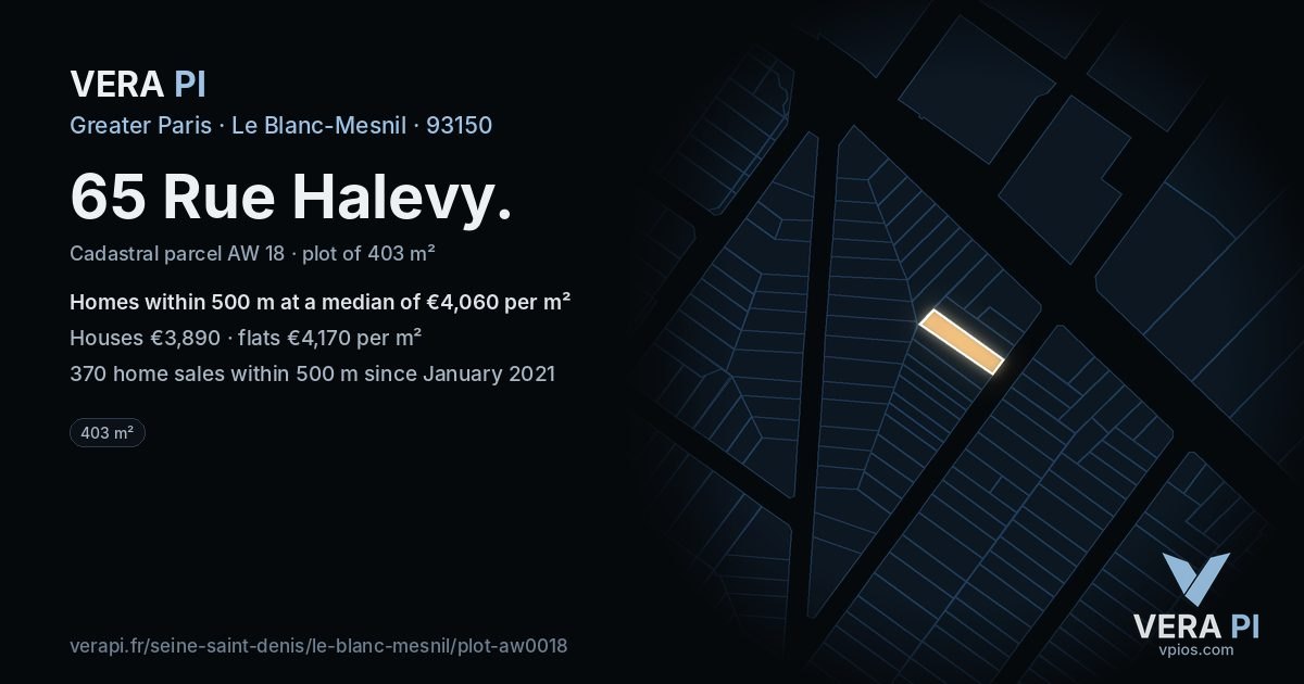 65 Rue Halevy, Le Blanc-Mesnil at night – the plot lit, the parcels around coloured by the prices near them