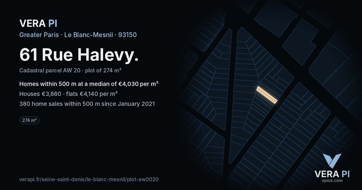 61 Rue Halevy, Le Blanc-Mesnil at night – the plot lit, the parcels around coloured by the prices near them