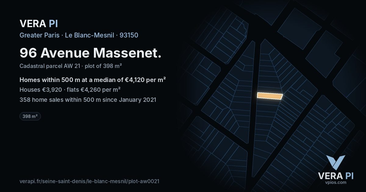 96 Avenue Massenet, Le Blanc-Mesnil at night – the plot lit, the parcels around coloured by the prices near them