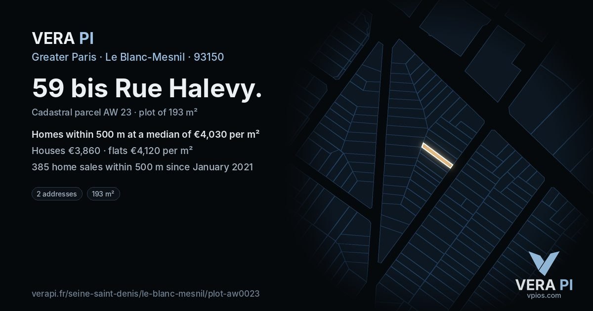 59 bis Rue Halevy, Le Blanc-Mesnil at night – the plot lit, the parcels around coloured by the prices near them
