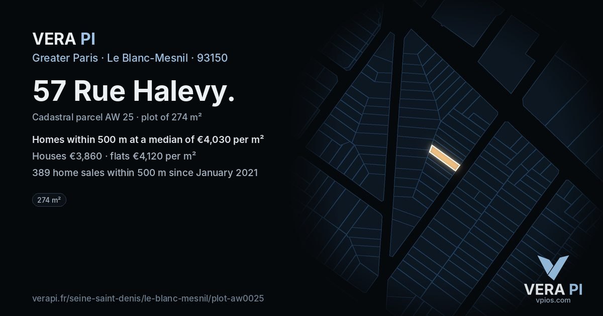 57 Rue Halevy, Le Blanc-Mesnil at night – the plot lit, the parcels around coloured by the prices near them
