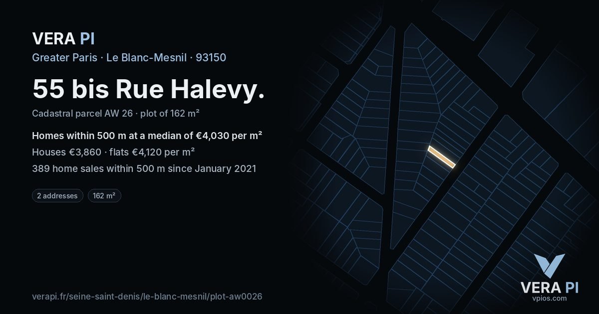 55 bis Rue Halevy, Le Blanc-Mesnil at night – the plot lit, the parcels around coloured by the prices near them