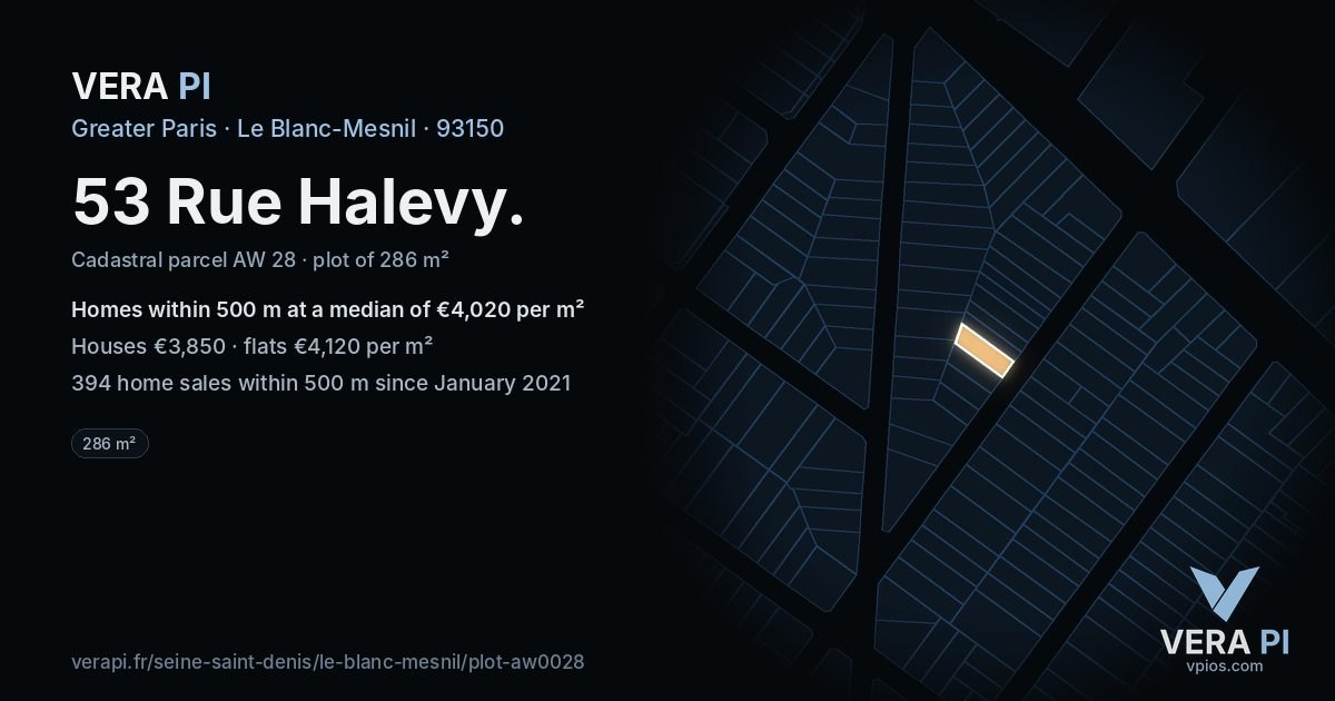 53 Rue Halevy, Le Blanc-Mesnil at night – the plot lit, the parcels around coloured by the prices near them