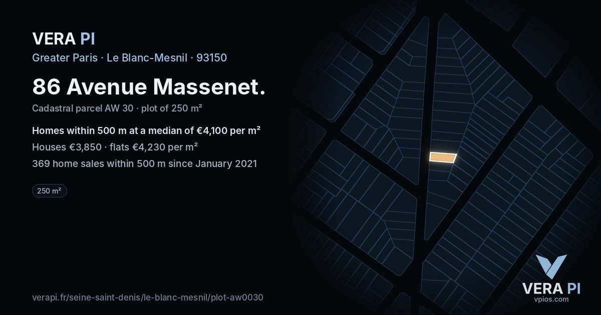 86 Avenue Massenet, Le Blanc-Mesnil at night – the plot lit, the parcels around coloured by the prices near them