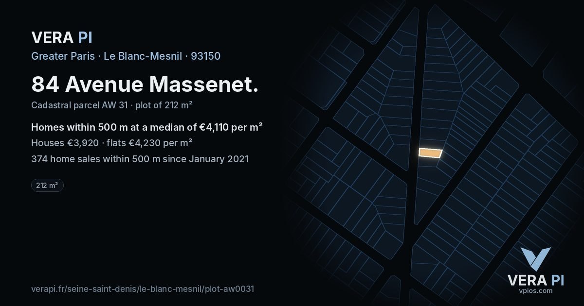 84 Avenue Massenet, Le Blanc-Mesnil at night – the plot lit, the parcels around coloured by the prices near them