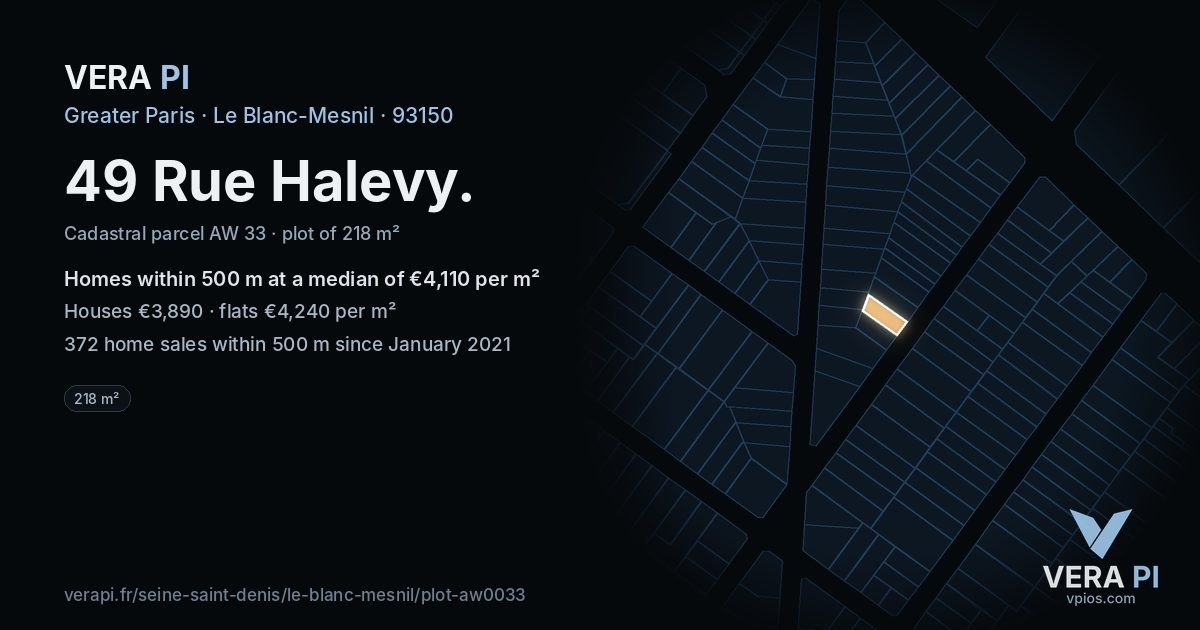49 Rue Halevy, Le Blanc-Mesnil at night – the plot lit, the parcels around coloured by the prices near them