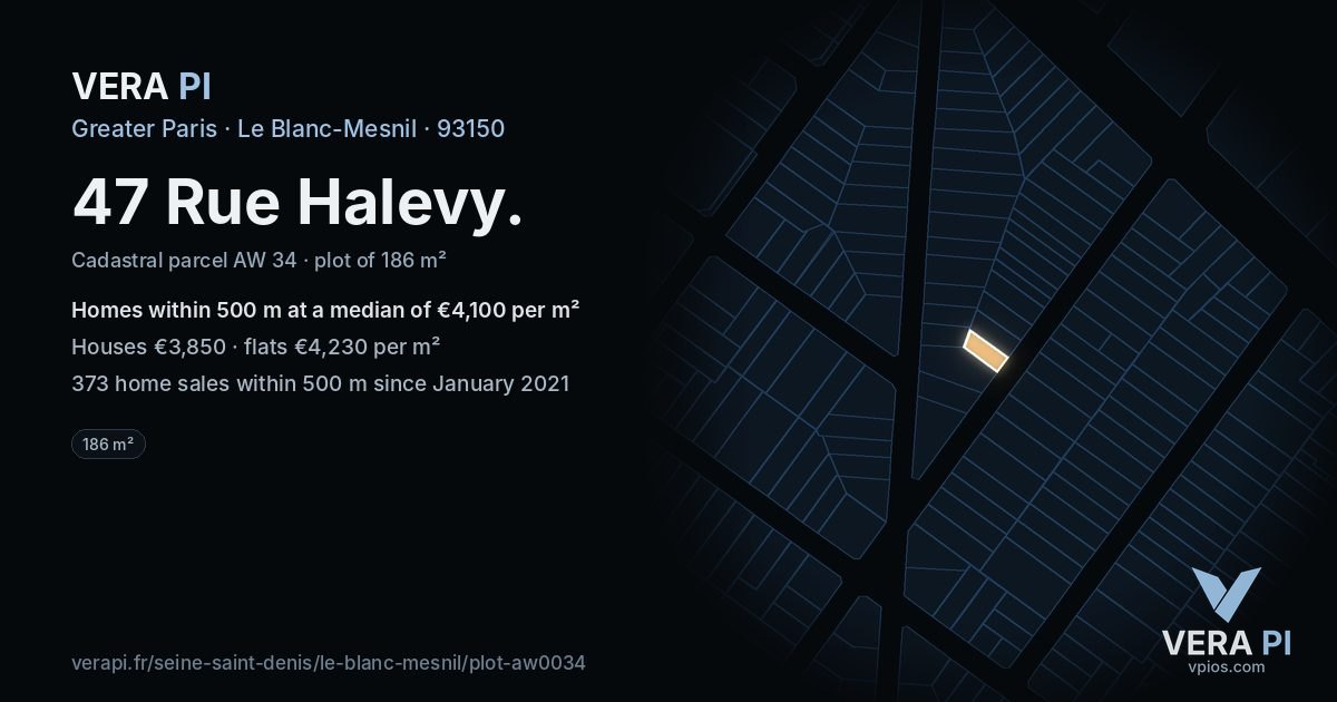 47 Rue Halevy, Le Blanc-Mesnil at night – the plot lit, the parcels around coloured by the prices near them
