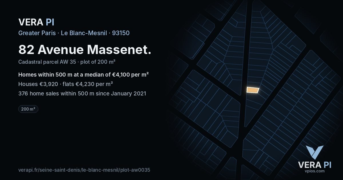 82 Avenue Massenet, Le Blanc-Mesnil at night – the plot lit, the parcels around coloured by the prices near them