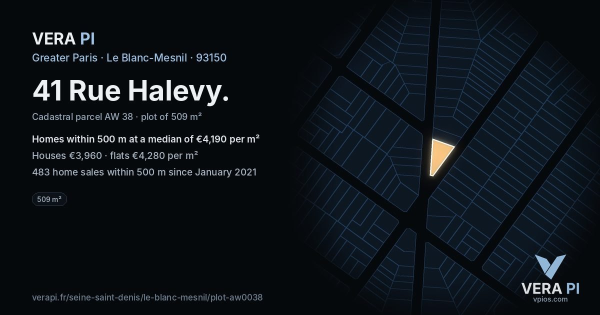 41 Rue Halevy, Le Blanc-Mesnil at night – the plot lit, the parcels around coloured by the prices near them