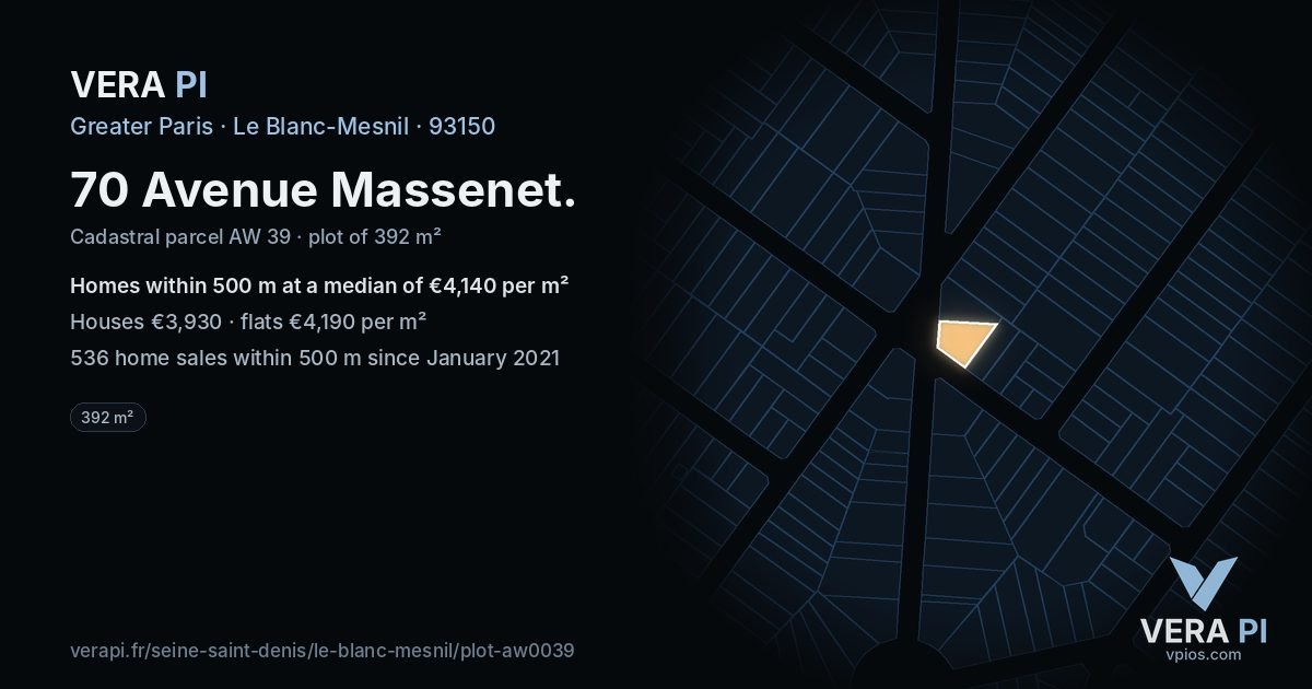 70 Avenue Massenet, Le Blanc-Mesnil at night – the plot lit, the parcels around coloured by the prices near them