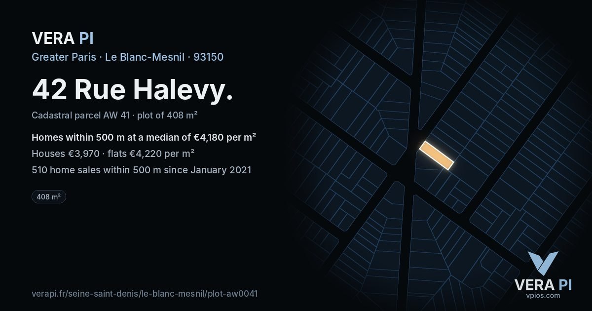 42 Rue Halevy, Le Blanc-Mesnil at night – the plot lit, the parcels around coloured by the prices near them