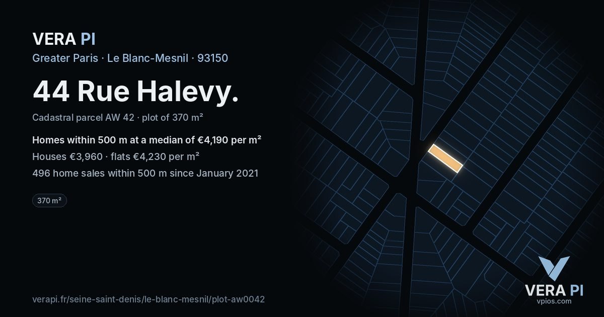 44 Rue Halevy, Le Blanc-Mesnil at night – the plot lit, the parcels around coloured by the prices near them