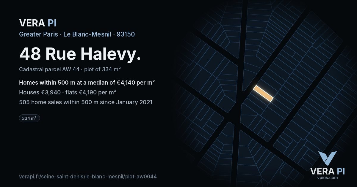 48 Rue Halevy, Le Blanc-Mesnil at night – the plot lit, the parcels around coloured by the prices near them