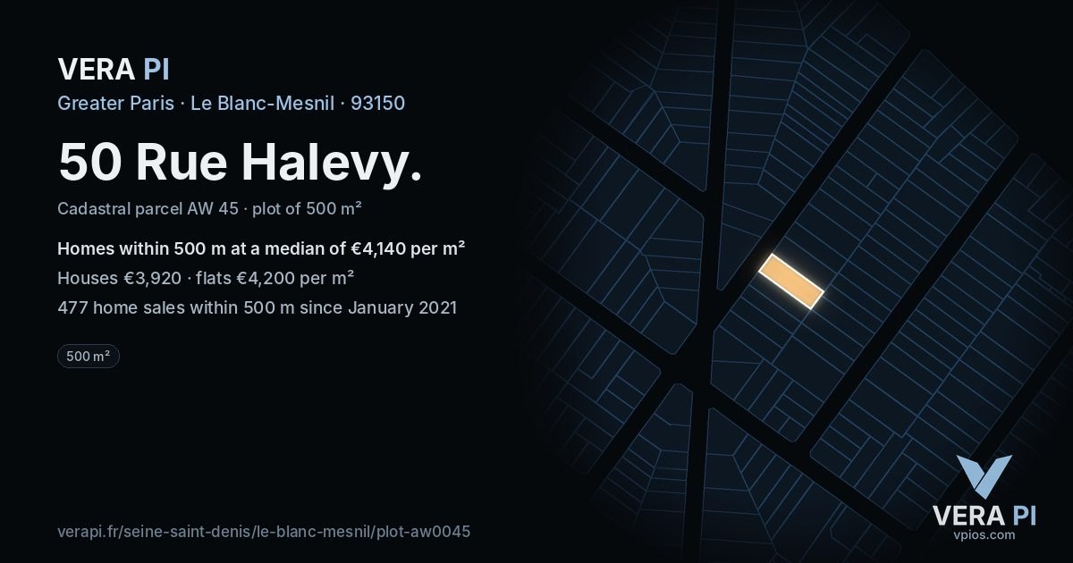 50 Rue Halevy, Le Blanc-Mesnil at night – the plot lit, the parcels around coloured by the prices near them