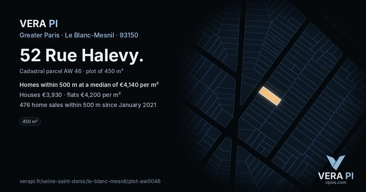 52 Rue Halevy, Le Blanc-Mesnil at night – the plot lit, the parcels around coloured by the prices near them