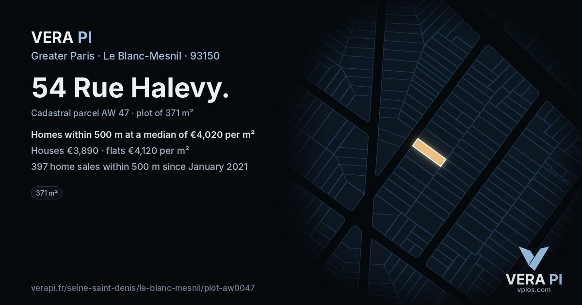 54 Rue Halevy, Le Blanc-Mesnil at night – the plot lit, the parcels around coloured by the prices near them