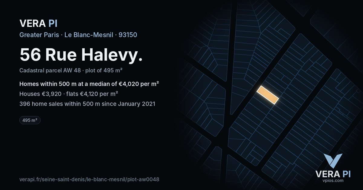 56 Rue Halevy, Le Blanc-Mesnil at night – the plot lit, the parcels around coloured by the prices near them
