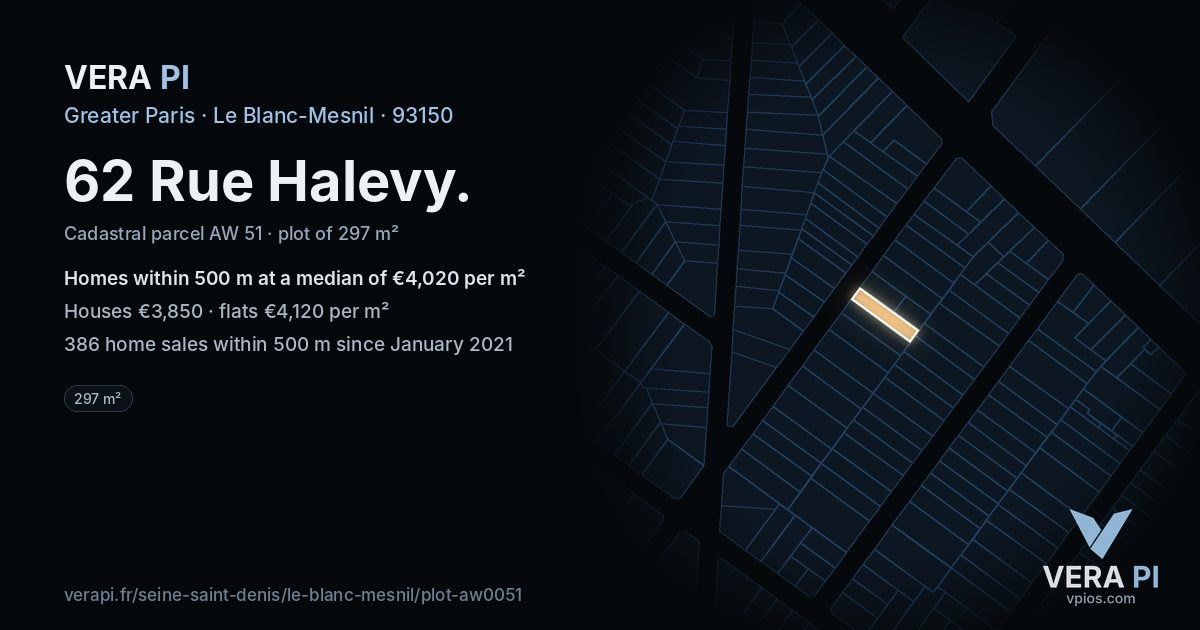 62 Rue Halevy, Le Blanc-Mesnil at night – the plot lit, the parcels around coloured by the prices near them