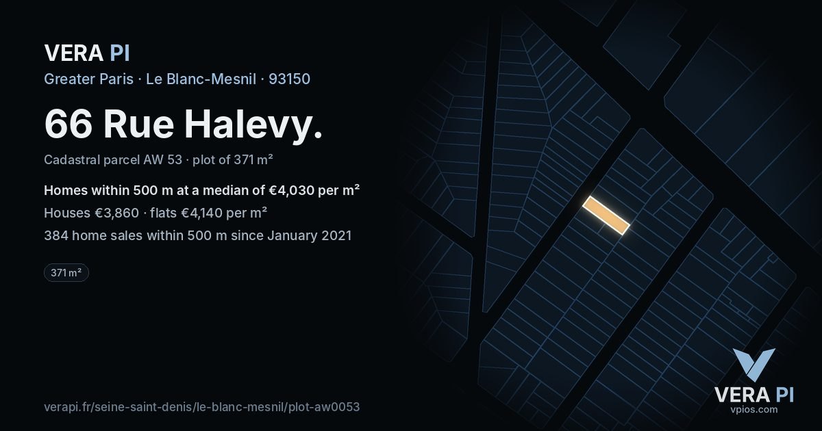 66 Rue Halevy, Le Blanc-Mesnil at night – the plot lit, the parcels around coloured by the prices near them