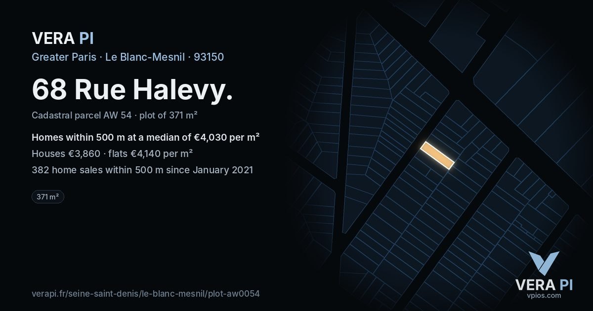 68 Rue Halevy, Le Blanc-Mesnil at night – the plot lit, the parcels around coloured by the prices near them