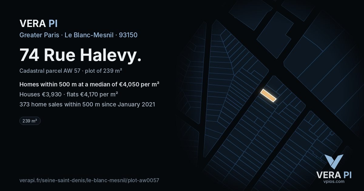 74 Rue Halevy, Le Blanc-Mesnil at night – the plot lit, the parcels around coloured by the prices near them