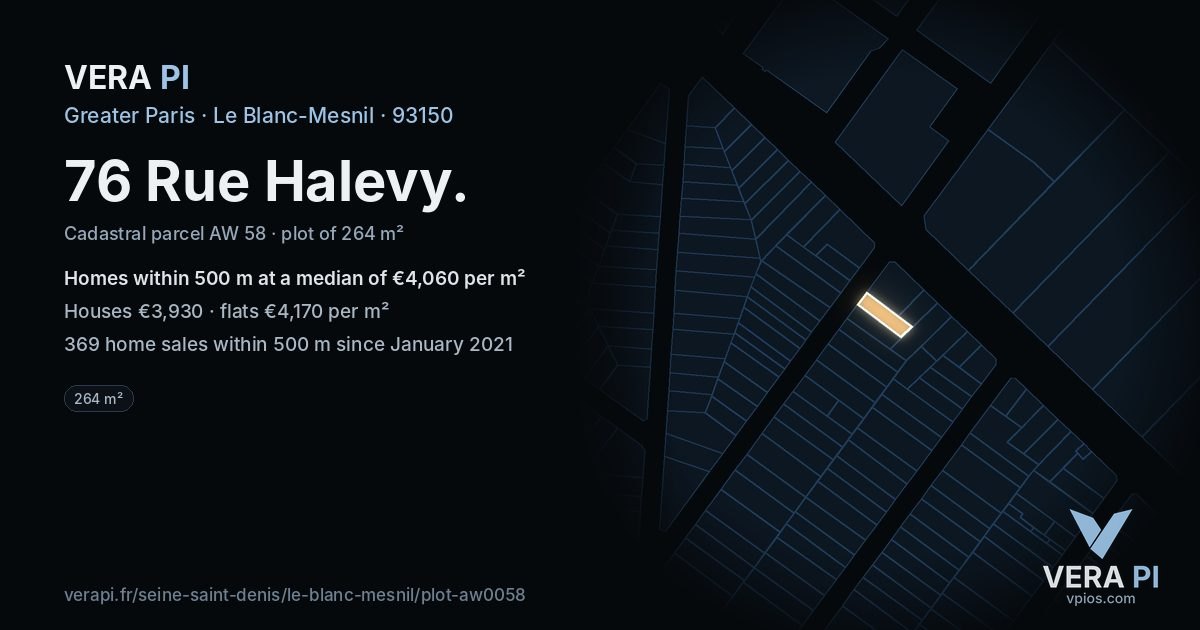 76 Rue Halevy, Le Blanc-Mesnil at night – the plot lit, the parcels around coloured by the prices near them