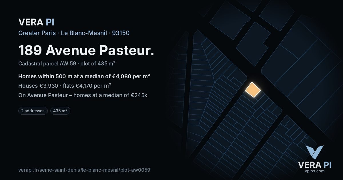 189 Avenue Pasteur, Le Blanc-Mesnil at night – the plot lit, the parcels around coloured by the prices near them