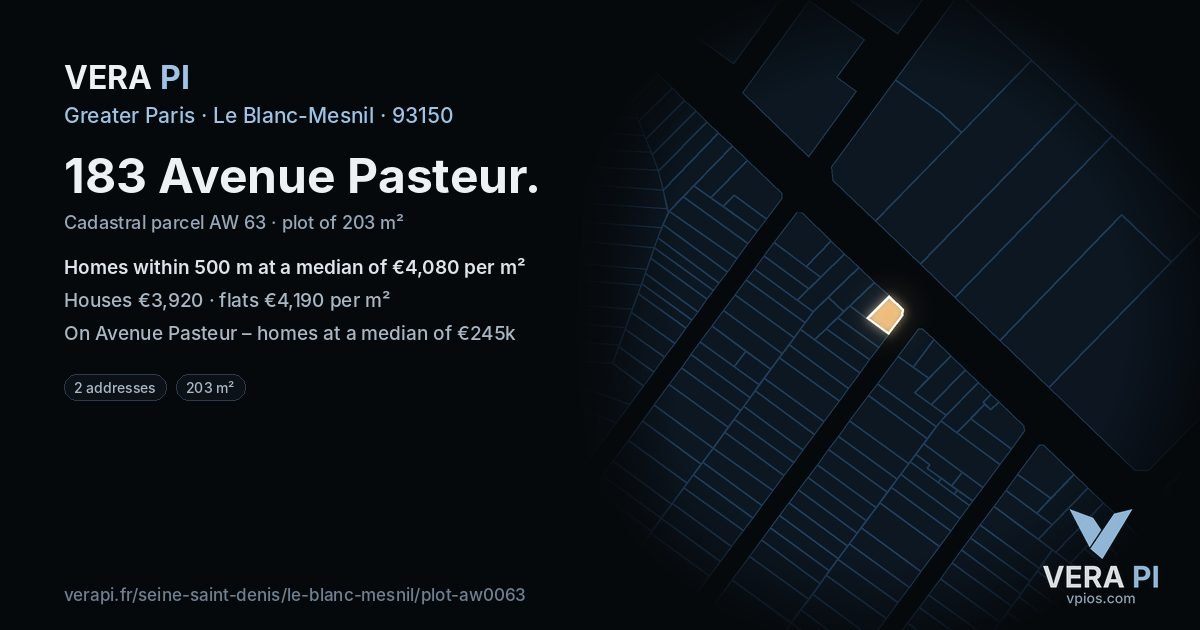 183 Avenue Pasteur, Le Blanc-Mesnil at night – the plot lit, the parcels around coloured by the prices near them