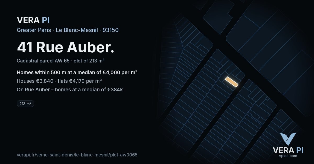 41 Rue Auber, Le Blanc-Mesnil at night – the plot lit, the parcels around coloured by the prices near them