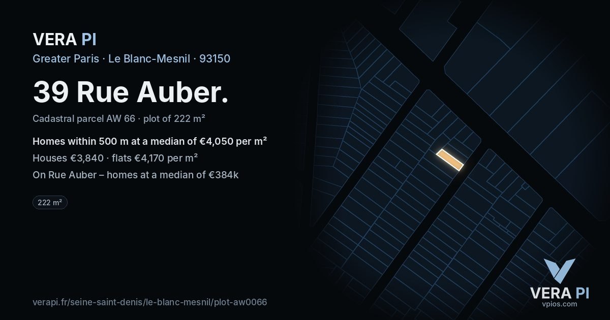 39 Rue Auber, Le Blanc-Mesnil at night – the plot lit, the parcels around coloured by the prices near them