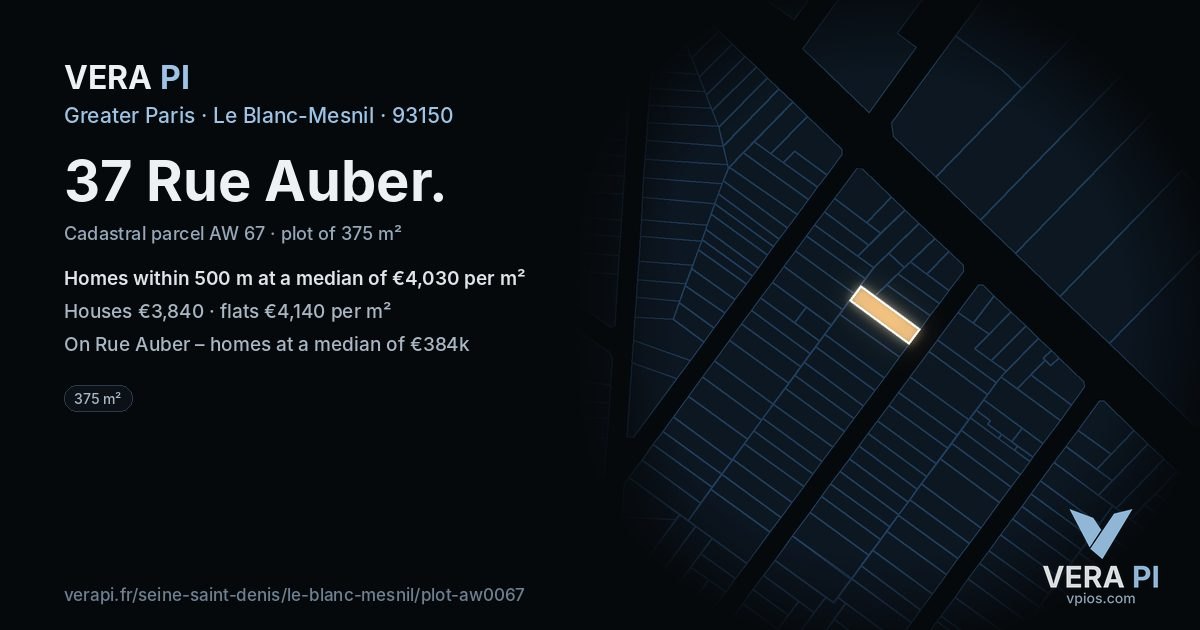 37 Rue Auber, Le Blanc-Mesnil at night – the plot lit, the parcels around coloured by the prices near them