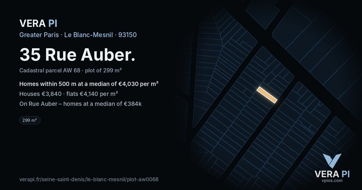 35 Rue Auber, Le Blanc-Mesnil at night – the plot lit, the parcels around coloured by the prices near them