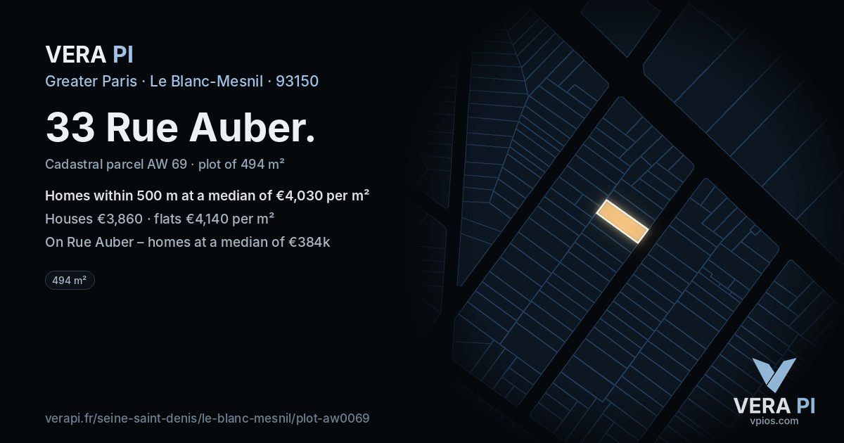 33 Rue Auber, Le Blanc-Mesnil at night – the plot lit, the parcels around coloured by the prices near them
