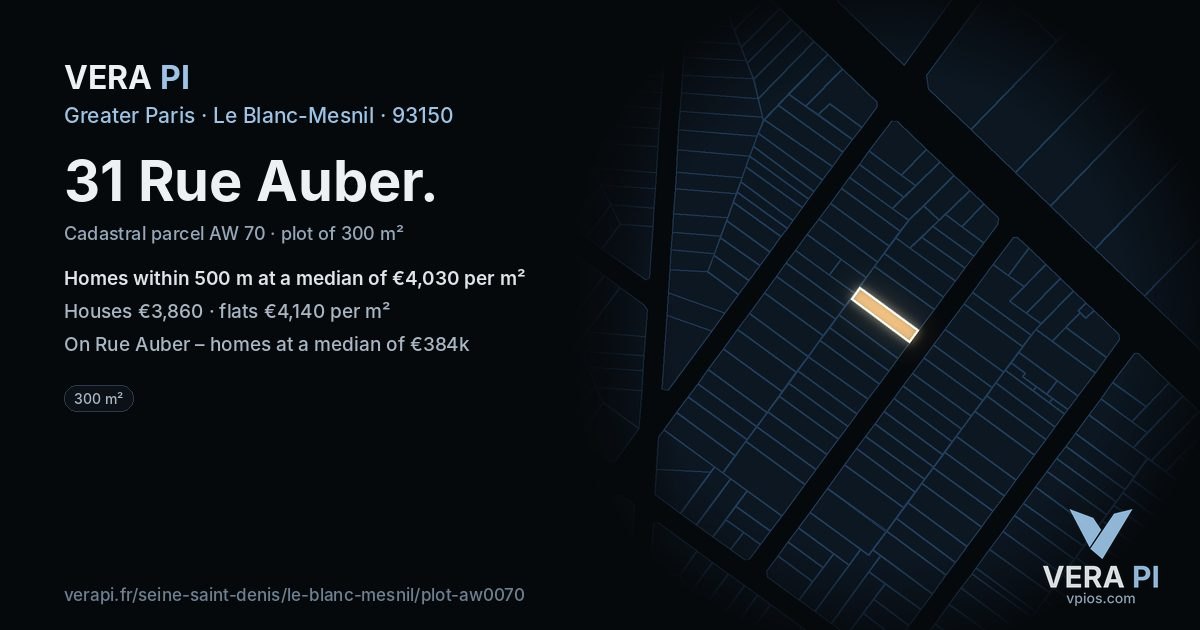 31 Rue Auber, Le Blanc-Mesnil at night – the plot lit, the parcels around coloured by the prices near them