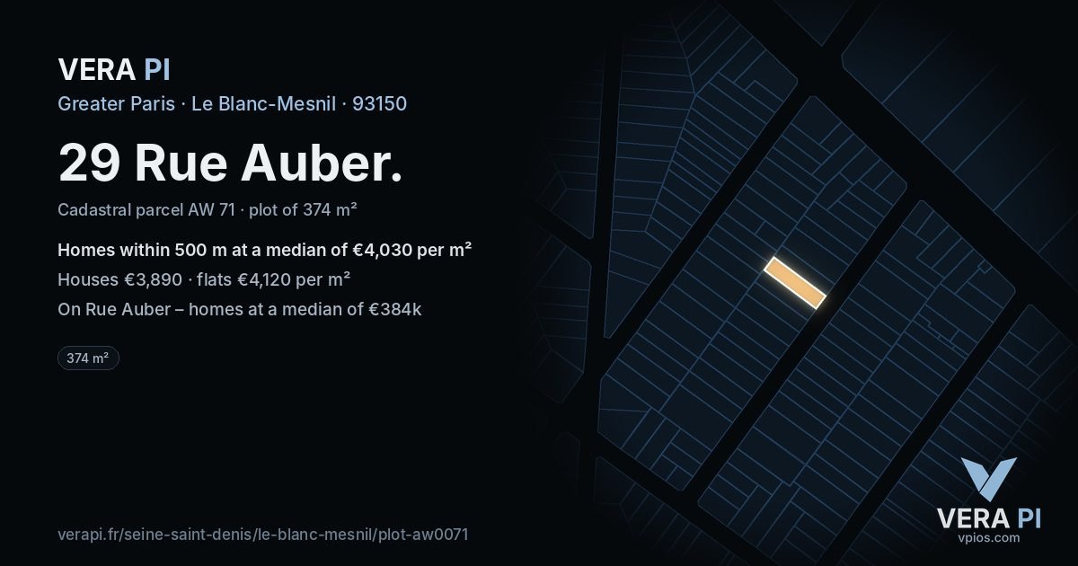 29 Rue Auber, Le Blanc-Mesnil at night – the plot lit, the parcels around coloured by the prices near them