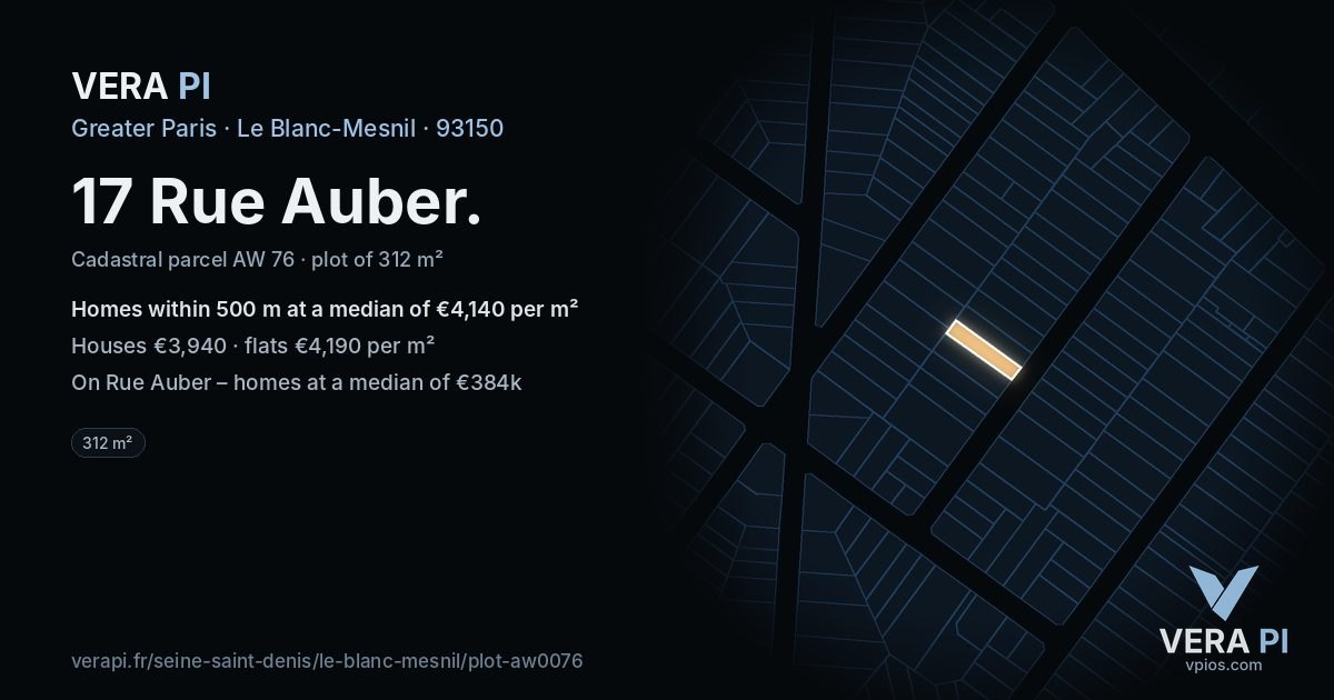 17 Rue Auber, Le Blanc-Mesnil at night – the plot lit, the parcels around coloured by the prices near them