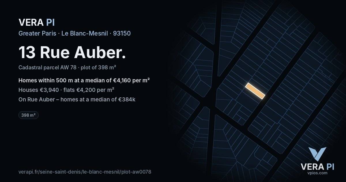 13 Rue Auber, Le Blanc-Mesnil at night – the plot lit, the parcels around coloured by the prices near them