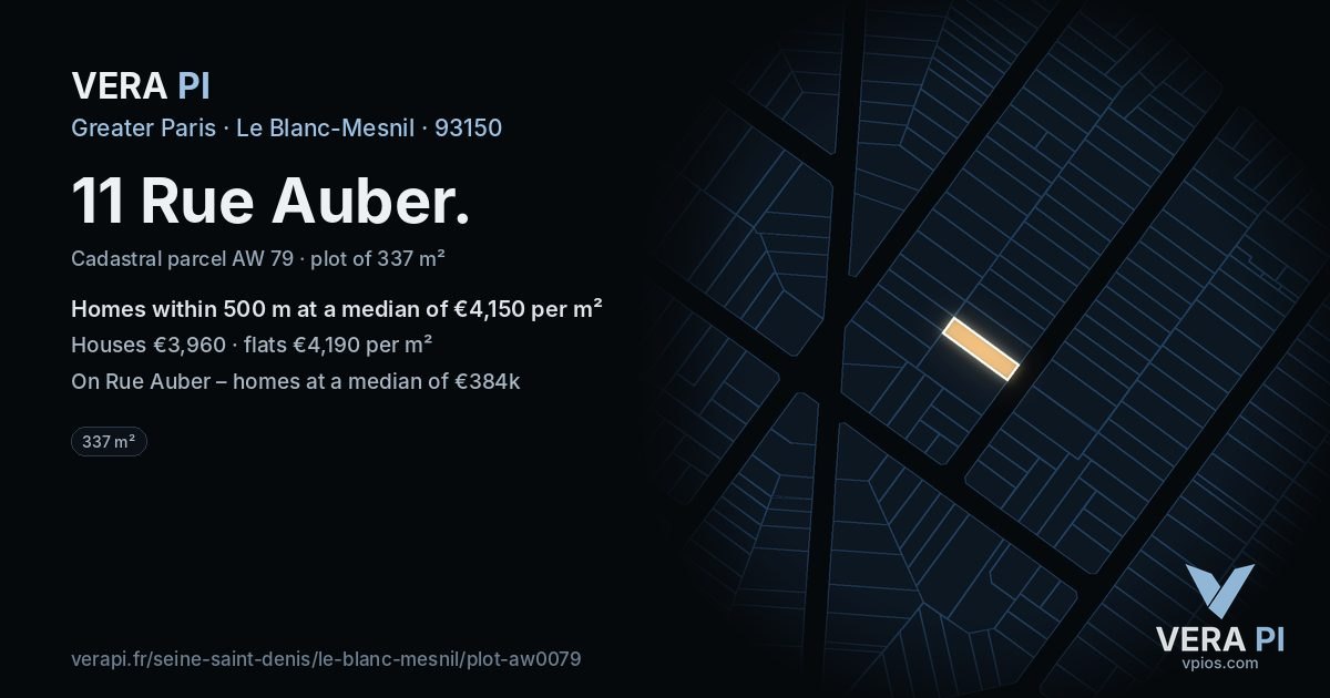 11 Rue Auber, Le Blanc-Mesnil at night – the plot lit, the parcels around coloured by the prices near them