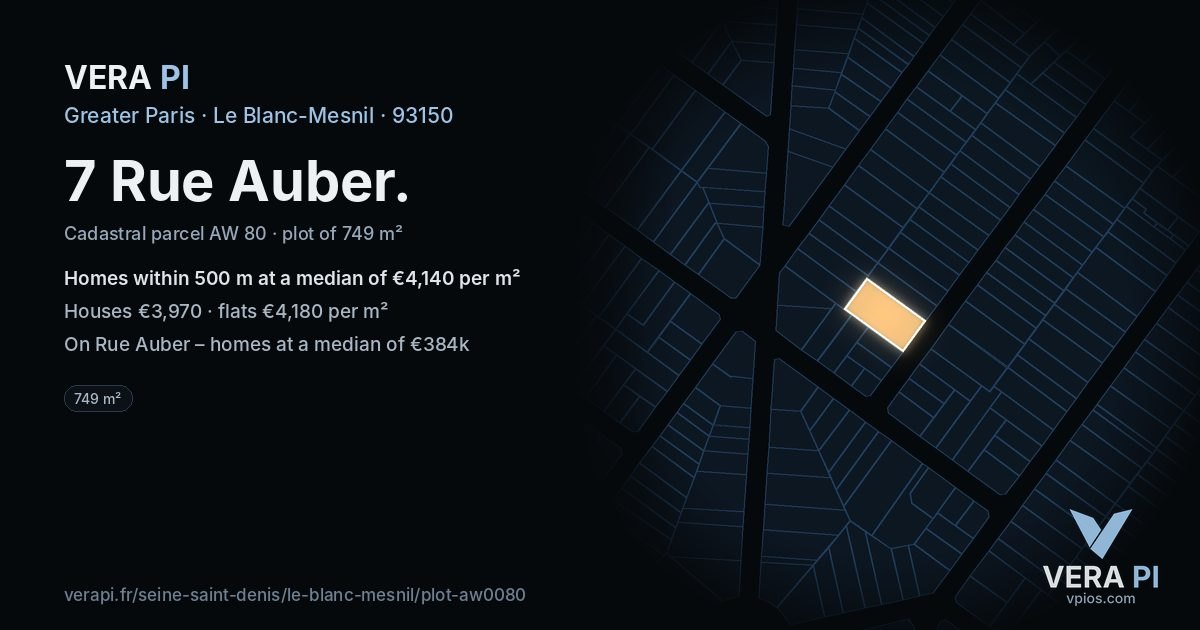 7 Rue Auber, Le Blanc-Mesnil at night – the plot lit, the parcels around coloured by the prices near them