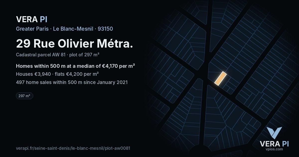 29 Rue Olivier Métra, Le Blanc-Mesnil at night – the plot lit, the parcels around coloured by the prices near them