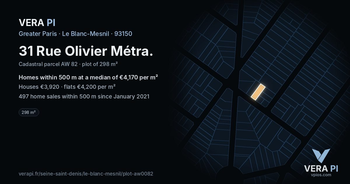 31 Rue Olivier Métra, Le Blanc-Mesnil at night – the plot lit, the parcels around coloured by the prices near them