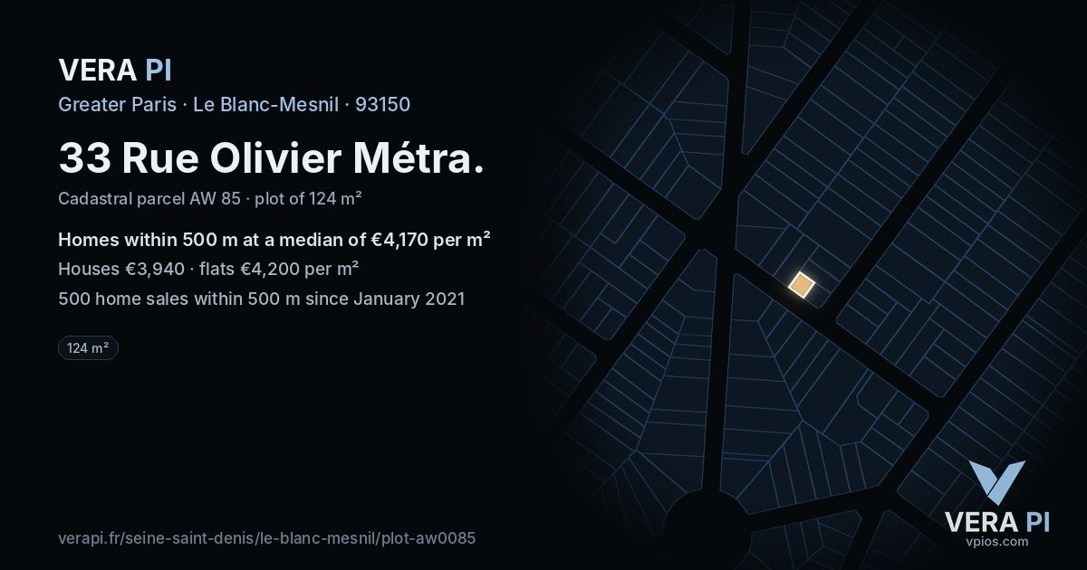 33 Rue Olivier Métra, Le Blanc-Mesnil at night – the plot lit, the parcels around coloured by the prices near them