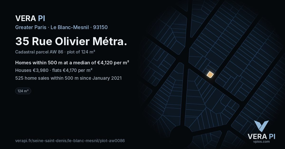 35 Rue Olivier Métra, Le Blanc-Mesnil at night – the plot lit, the parcels around coloured by the prices near them